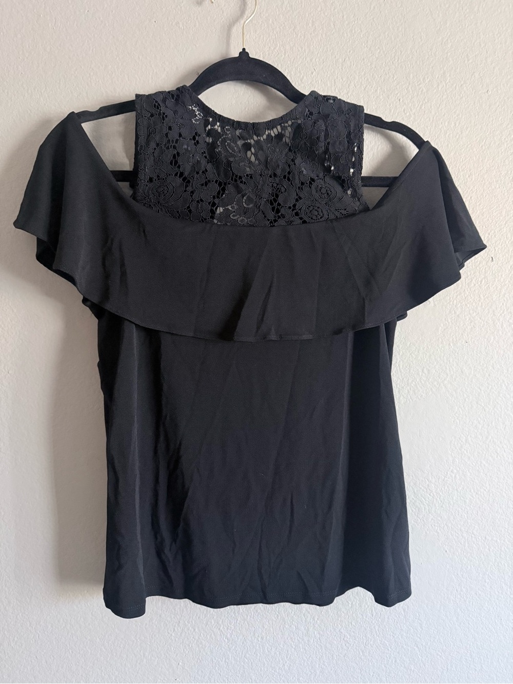 Express Black Lace Yoke Off-Shoulder Ruffle Top